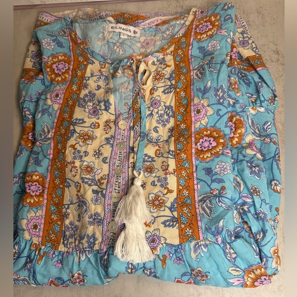 Women's ELINGS Teal Orange Floral Bohemian Mini Dress Size L - Picture 4 of 4